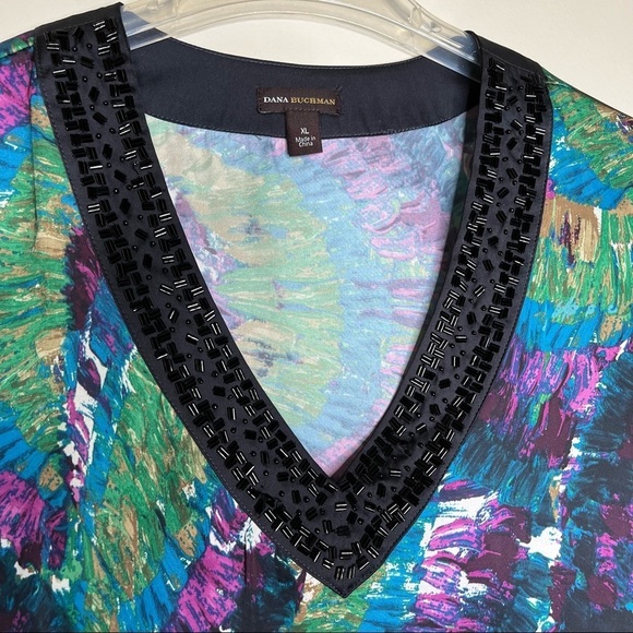 Dana Bachman Water Colors Asymmetric Sleeves Sequin Around Neckline Tunic SZ XL - Picture 4 of 14